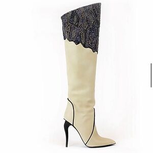 SYLTH VIRAGO Persephone Cream and Black Over the Knee Boots